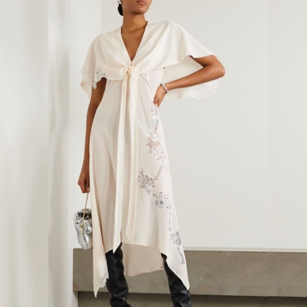Stella McCartney Layered Lace-trim Silk Crepe de Chine Midi Dress, White, Size 6